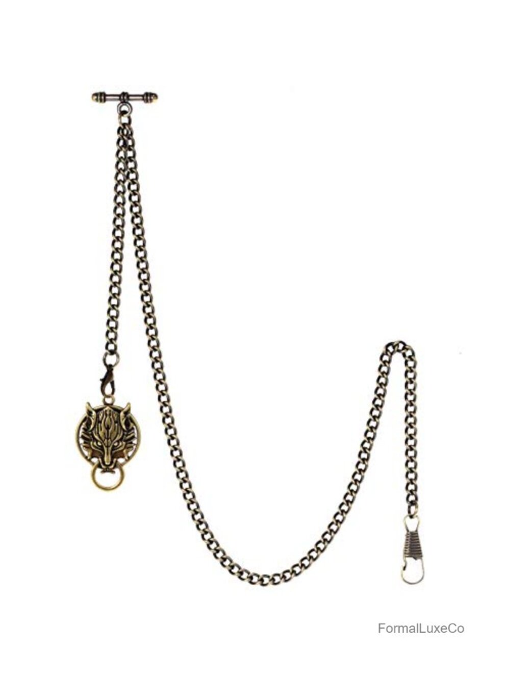 Mens Pocket Watch Chain Curb Link T-Bar Wolf Pendant 2 Hooks Antique Fob